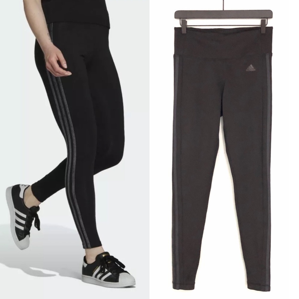 Adidas Designed 2 Move ClimaLite Leggings Black w/Grey 3 Stripe EUC